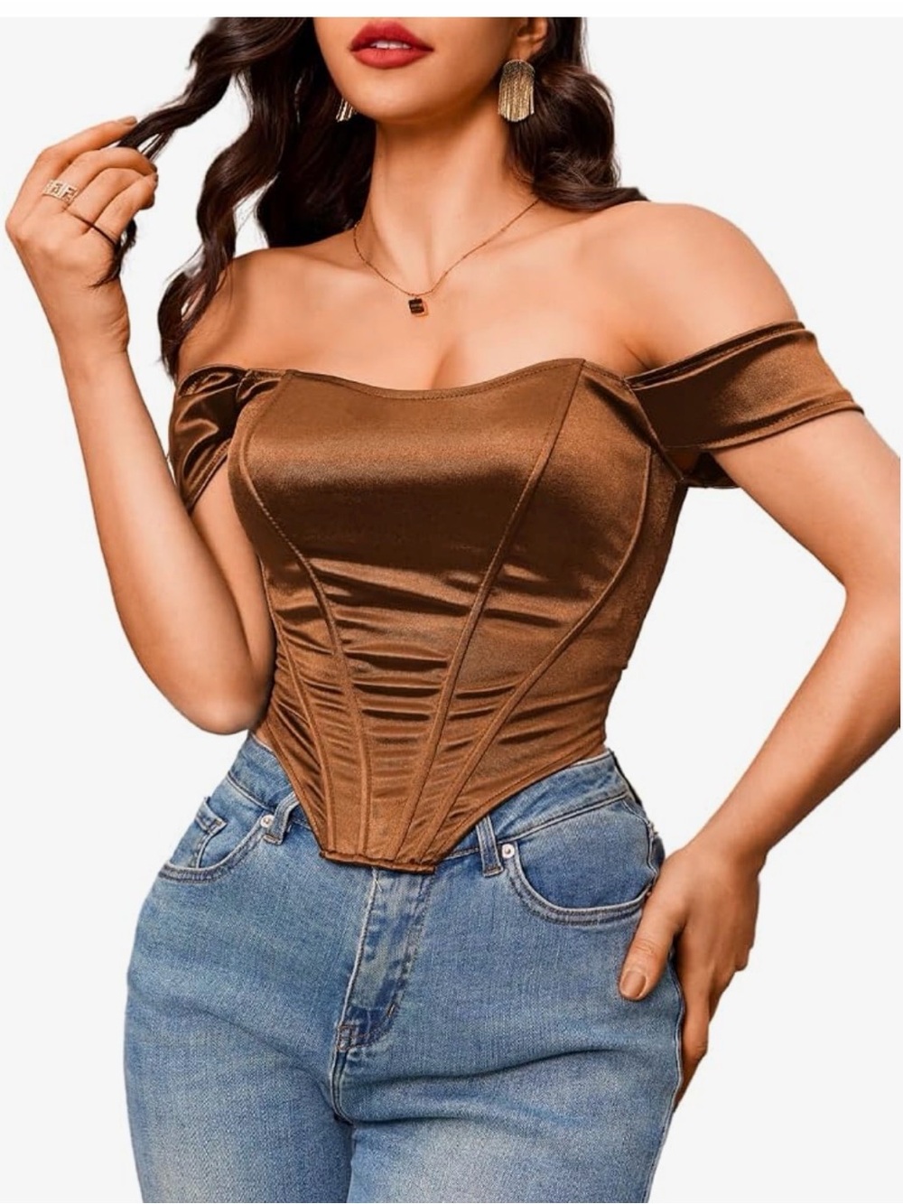 Kaei&Shi Brown Satin Off Shoulder Corset Top Size M NWOT